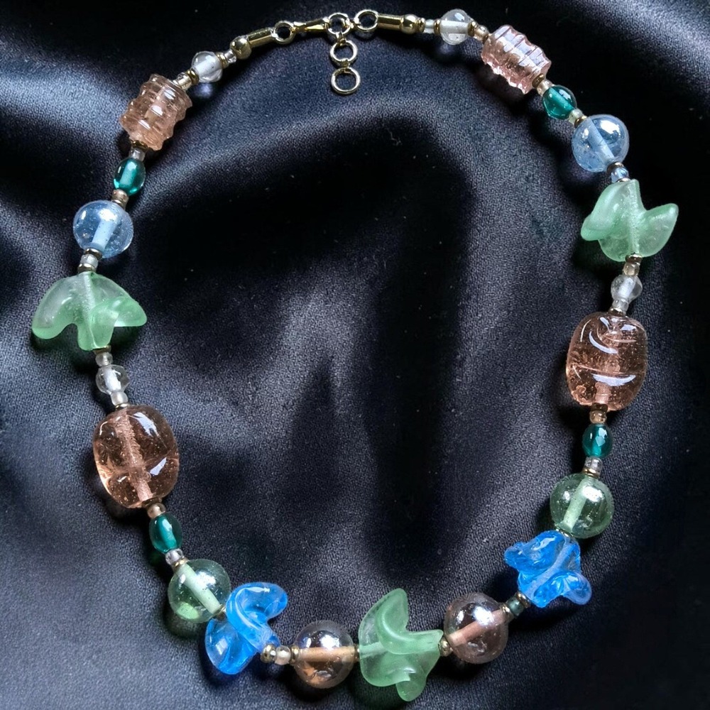 Vintage Artisan Glass Sea Glass Bubble Glass Statement Necklace Chunky